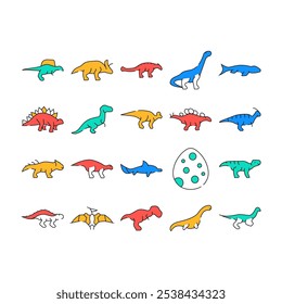 Conjunto de iconos de Colección de animales salvajes de dinosaurio Vector. Spinosaurus Y Arrhinoceratops, Ankylosaurus Y Mosasaurus Concepto De Dinosaurio Prehistórico Pictogramas Lineales. Ilustraciones De Contorno De Color