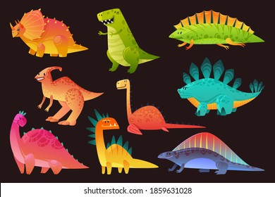 Dinosaur wild animal set. Funny cute dinosaurs wild animals dragon and nature reptile, childish bright exotic prehistoric collection vector flat nursery design cartoon isolated on black illustration