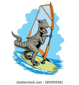 Dinosaur windsurfer sailing on the windsurf board. Tyrannosaurus or T. rex comic style vector illustration.