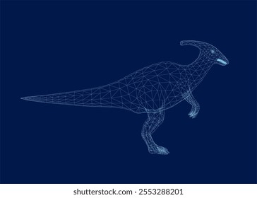 Dinosaur wireframe made of blue lines isolated on dark background. Side view. 3D.