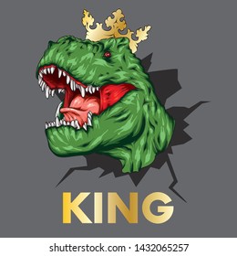 Dinosaur witj crown. Bright vector illustration. Cartoon reptile. Tyrannosaur. Print on clothes, drawing for postcards. Hipster. King or queen.