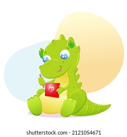 Dinosaur writes in a red notebook with a pen