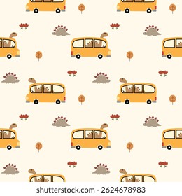 Dinosaur in yellow car cartoon so cute. On tree flower background. Pattern seamless vector illustration. 
