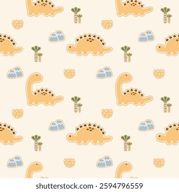 Dinosaur yellow cartoon so cute. On tree mountain eggshell  yellow background. Pattern seamless vector illustration.  