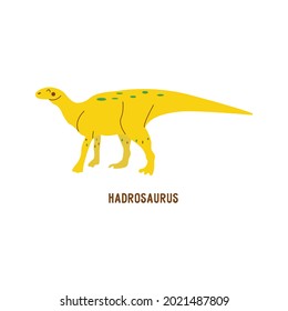 Dinosaur yellow Hadrosaurus. Large extinct ancient herbivorous reptile, Jurassic. Card. Colorful vector isolated illustration hand drawn. White background. Cute dino