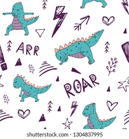 Dinosaur in yoga asanas, hand drawn vector seamless pattern