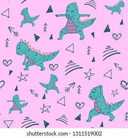 Dinosaur in yoga asanas, hand drawn vector seamless pattern