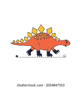 Dinosaur young orange rides on rollers.  Illustration for t-shirt prints and children sport design