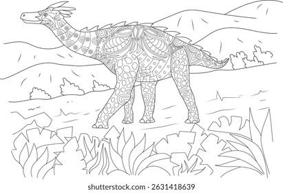 Dinosaur Zentangle Coloring Page, Desenho de linha detalhado de uma criatura dinossauro pré-histórico andando por uma paisagem, apresentando intrincados padrões de zentangle em seu corpo. Ideal para adultos e