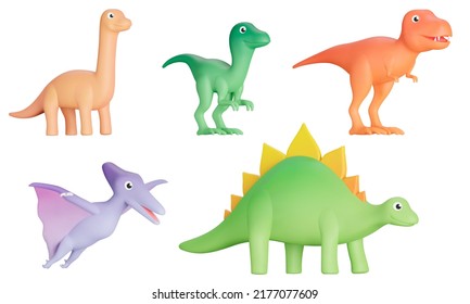 Dinosaurios 3d set. lagartos Jurásicos Prehistóricos. Reptiles de dibujos animados, Brontosaurus, Velociraptor, Tyrannosaurus, Pterodáctilo y Stegosaurus. Aislado sobre un fondo transparente