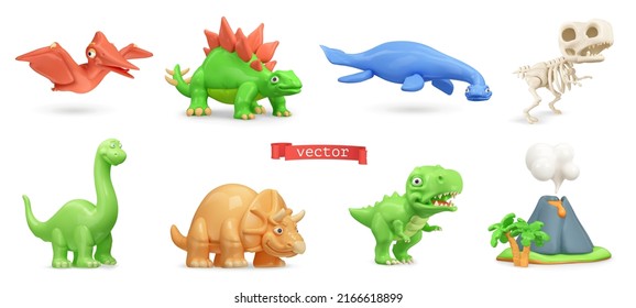 Dinosaurs 3d vector icon set  Pterodactyl  stegosaurus  plesiosaurus  dinosaur skeleton  brachiosaurus  triceratops  tyrannosaurus   volcano icon  Cartoon characters