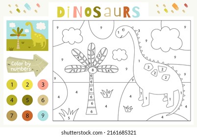 Dinosaurs activities for kids. Color by numbers – cute dinosaur and palm tree. Logic games for children. Coloring page. Vector illustration.