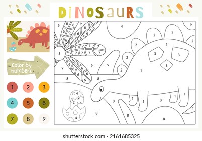 Dinosaurs activities for kids. Color by numbers – cute dinosaur and baby dino in egg. Logic games for children. Coloring page. Vector illustration.