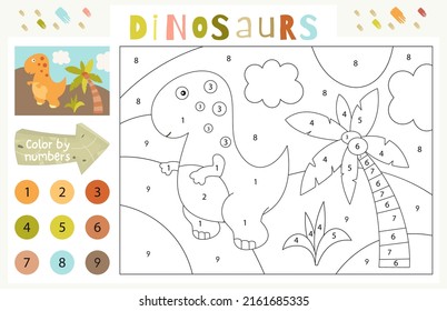 Dinosaurs activities for kids. Color by numbers – cute little dinosaur and palm tree. Logic games for children. Coloring page. Vector illustration.