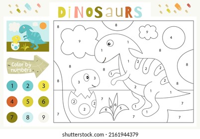 Dinosaurs Activities For Kids. Color By Numbers – Cute Little Dinosaur And Baby Dino In Egg. Logic Games For Children. Coloring Page. Vector Illustration.