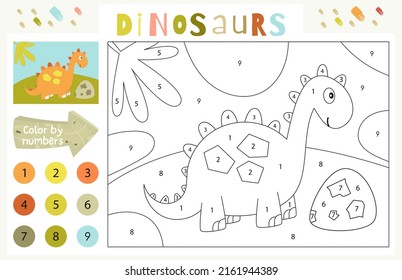 Actividades de dinosaurios para los niños. Color por números - lindo dinosaurio y piedra. Juegos lógicos para niños. Colorido de la página. Ilustración vectorial.