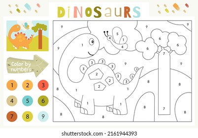 Actividades de dinosaurios para los niños. Color por números - lindo dinosaurio y mariposa. Juegos lógicos para niños. Colorido de la página. Ilustración vectorial.