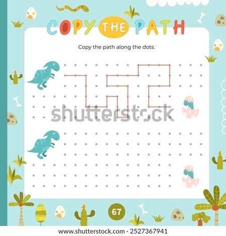 Dinosaurs activities for kids. Copy the path for little dino. Logic games for children. Vector illustration. Page square format for activity book.