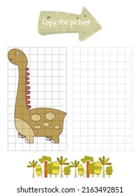 Dinosaurs activities for kids. Copy the picture – Funny Dinosaur. Logic games for children. Coloring page. Vector illustration.