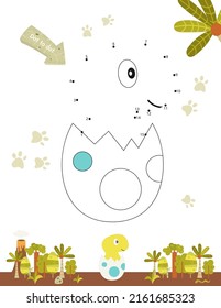 Dinosaurs Activities For Kids. Dot To Dot Game – Cute Baby Dino In Egg. Numbers Games For Kids. Coloring Page. Vector Illustration. Prehistoric Wildlife.