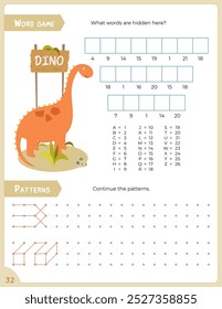 Dinosaurs activities for kids. Find the hidden dino words using the key, continue patterns. Logic games for children. Vector illustration.