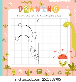 Dinosaurs activities for kids. Finish the picture – flower. Logic games for children. Square Coloring page. Vector illustration. Game learn the principles of symmetry.