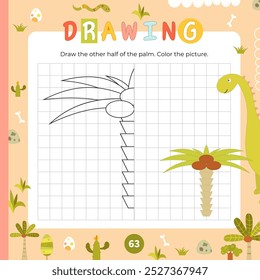 Actividades de dinosaurios para niños. Termina la imagen – palmera. Juegos de lógica para niños. Página para colorear cuadrada. Ilustración vectorial. Juego aprender los principios de la simetría.