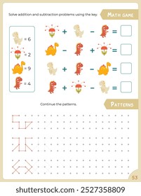 Atividades de dinossauros para crianças. Resolva problemas aritméticos usando a chave. Ilustração vetorial. Livro Dino. Jogo de matemática para aprender a contar. Página do livro de atividades.