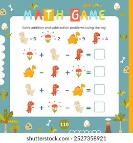 Atividades de dinossauros para crianças. Resolva problemas aritméticos usando a chave. Ilustração vetorial. Formato quadrado de Dino Book. Jogo de matemática para aprender a contar.