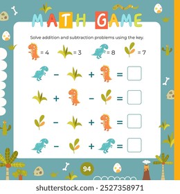 Dinosaurs activities for kids. Solve arithmetic problems using the key. Vector illustration. Dino Book square format. Math game for learning counting.