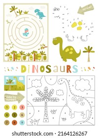 Páginas de actividad de dinosaurios para niños. Hoja de actividades imprimible con Dino Mini juegos - Dinosaurio colorante, Punto a Punto, Juego de Maze. Ilustración vectorial.