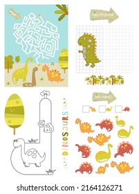 Dinosaurs Activity Pages For Kids. Printable Activity Sheet With Dino Mini Games – Coloring Letter, Copy The Picture, Maze Game, How Many Objects. Vector Illustration.