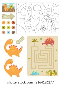 Páginas de actividad de dinosaurios para niños. Hoja de actividad imprimible con Dino Mini juegos - Dinosaurio colorante, Diferencias localizadas, Juego de Maze. Ilustración vectorial.