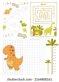 Dinosaurs Activity Pages for Kids. Printable Activity Sheet with Dino Mini Games – Maze Game, Trace the Line, Ruler, Copy the Picture. Vector illustration.