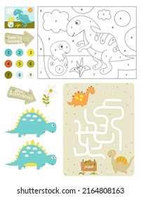 Páginas de actividad de dinosaurios para niños. Hoja de actividades imprimible con Dino Mini juegos - Dinosaurio colorante, Punto a Punto, Juego de diferencias localizadas. Ilustración vectorial.