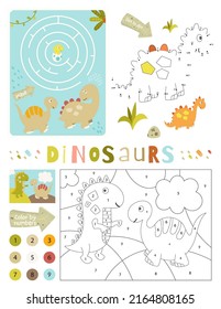 Páginas de actividad de dinosaurios para niños. Hoja de actividad imprimible con Dino Mini juegos - juego de Maze, punto a punto, color por número dinosaurio. Ilustración vectorial.