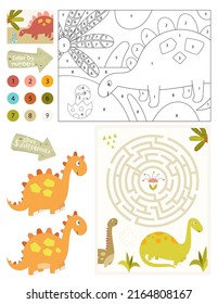 Dinosaurier Aktivitätsseiten für Kinder. Printable Activity Sheet mit Dino Mini Games - Maze Game, Spot Differenzen, Farbe nach Zahl. Vektorgrafik.