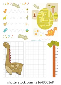 Páginas de actividad de dinosaurios para niños. Hoja de actividad imprimible con Dino Mini juegos - juego de Maze, traza las líneas, regla de árbol, copia la imagen. Ilustración vectorial.