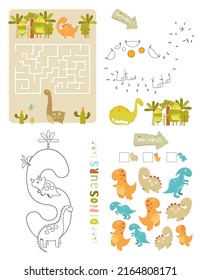 Dinosaurs Activity Pages For Kids. Printable Activity Sheet With Dino Mini Games – Maze Game, Dot To Dot, How Many Dinosaurs, Coloring Letter. Vector Illustration.