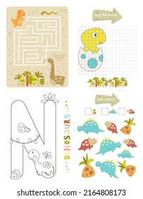 Dinosaurs Activity Pages for Kids. Printable Activity Sheet with Dino Mini Games – Maze Game, Copy the Picture, Coloring Letter N, How Many Dinosaurs. Vector illustration.