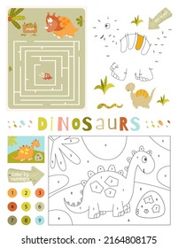 Dinosaurs Activity Pages for Kids. Printable Activity Sheet with Dino Mini Games – Maze Game, Dot to Dot, Color by Number. Vector illustration.