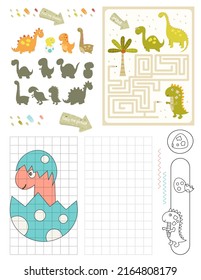 Dinosaurs Activity Pages for Kids. Printable Activity Sheet with Dino Mini Games – Find the Shadow Dinosaurs, Maze Game, Copy the Picture, Coloring Letter I. Vector illustration.