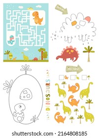 Dinosaurs Activity Pages for Kids. Printable Activity Sheet with Dino Mini Games – Maze Game, Dot to Dot, Coloring Letter O, How Many Dinosaurs. Vector illustration.