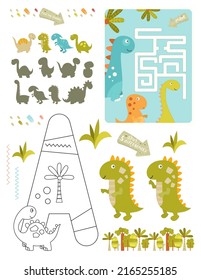 Páginas de actividad de dinosaurios para niños. Hoja de actividad imprimible con Dino Mini juegos - Encuentra los Dinosaurios Sombra, Juego de Maze, Diferencias de puntos, Letra de color A. Ilustración vectorial.