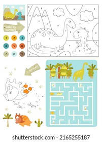 Páginas de actividad de dinosaurios para niños. Hoja de actividades imprimible con Dino Mini juegos - Color por número dinosaurios y montaña, Punto a Punto, Maze Dino Laberinto. Ilustración vectorial.