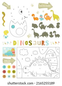 Páginas de actividad de dinosaurios para niños. Hoja de actividades imprimible con mini juegos de Dino - Color por número dinosaurio, Punto a Punto, Encontrar sombra correcta. Ilustración vectorial.