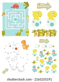 Páginas de actividad de dinosaurios para niños. Hoja de Actividad Imprimible con Dino Mini Juegos -Juego de Maze, Diferencias de puntos, Punto a Punto, Cuántos Dinos Bebés. Ilustración vectorial.