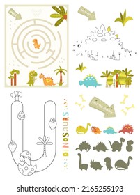 Dinosaurs Activity Pages for Kids. Printable Activity Sheet with Dino Mini Games – Maze Game, Dot to Dot, Coloring Letter U, Find the Shadow Dinosaurs. Vector illustration.