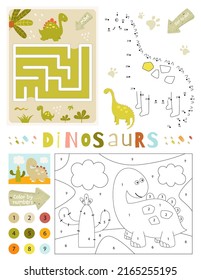 Dinosaurier Aktivitätsseiten für Kinder. Printable Activity Sheet mit Dino Mini Games - Farbe nach Zahl Cute Dinosaurier und Kaktus, Dot to Dot, Maze Dino Labyrinth. Vektorgrafik.