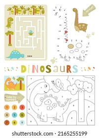 Páginas de actividad de dinosaurios para niños. Hoja de actividad imprimible con Dino Mini juegos - juego de Maze, punto a punto, color por número dinosaurio y mariposa. Ilustración vectorial.